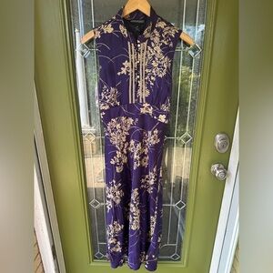 Jonathan Martin 10 Silk Sleeveless Y2K Navy Blue Gold Floral Button Up Dress